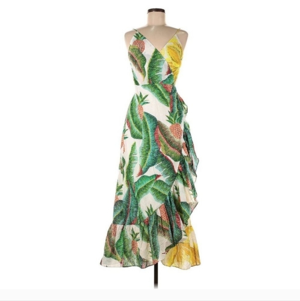 FARM Rio Green and White Ruffled Tiered Sundress